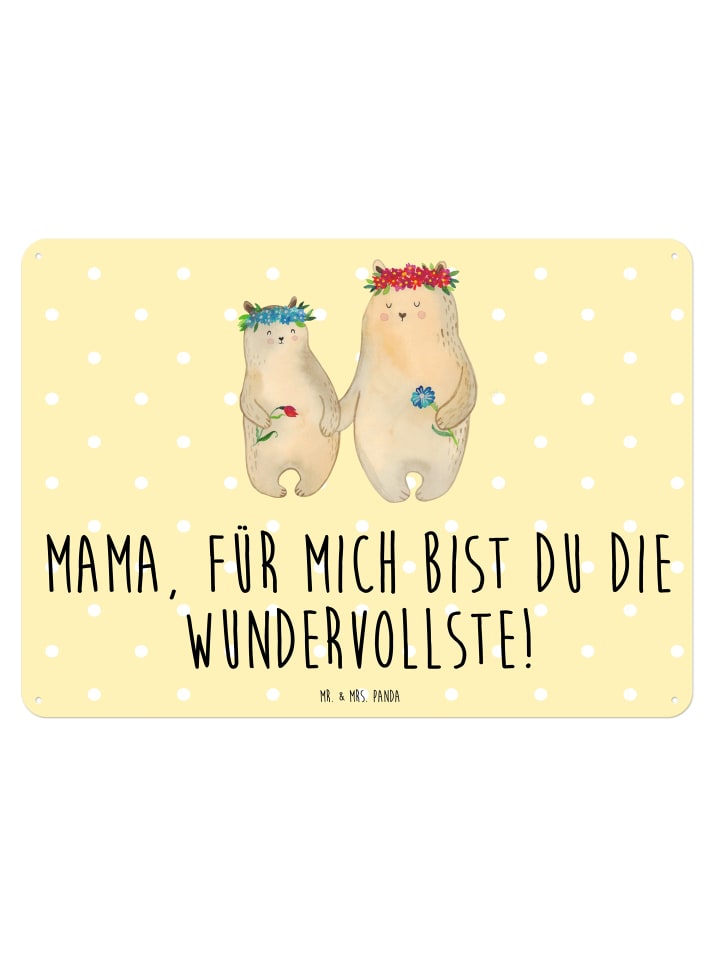 Blechschild Bären mit Blumenkranz mit Spruch in Gelb Pastell
