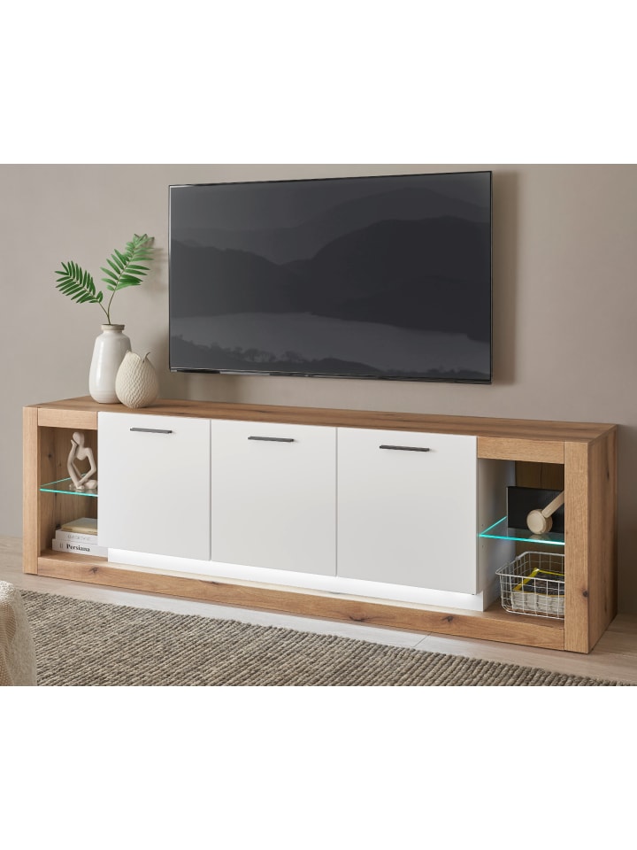 TV-Lowboard weiß matt, Evoke Eiche, TV Unterteil Komforthöhe XL-Board