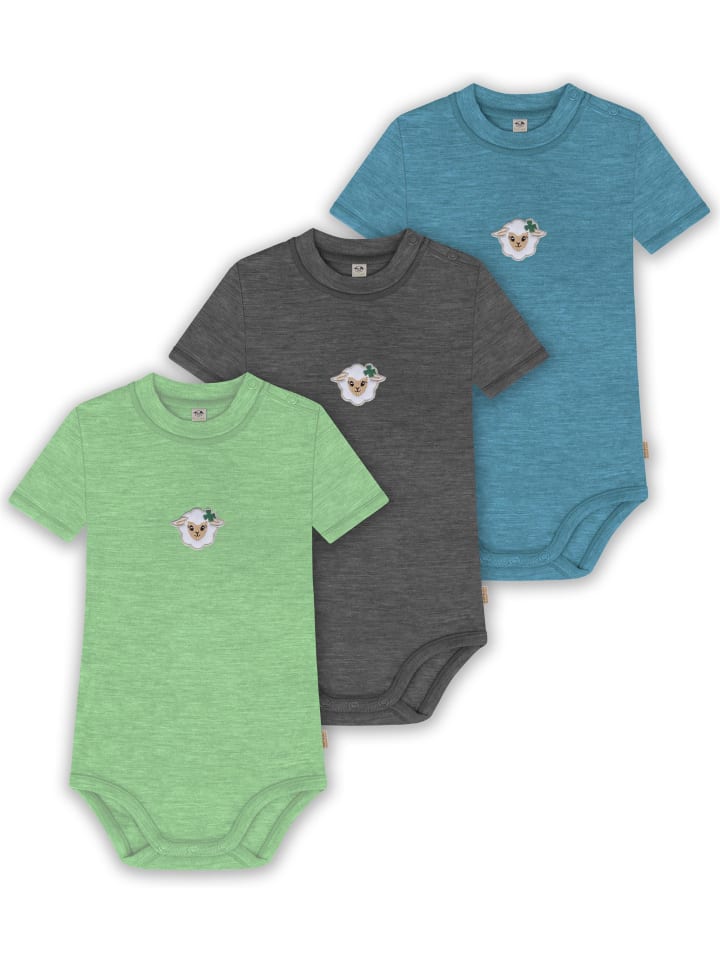 3er Set Bio Baby Body Kurzarm aus Merinowolle für Junge und Mädchen in Blau/Anthrazit/Grün