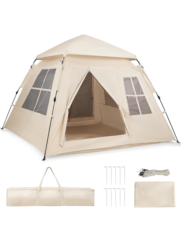 Pop Up Zelt 4 Personen mit 2 Meshtüren & 4 Netzfenster in Beige
