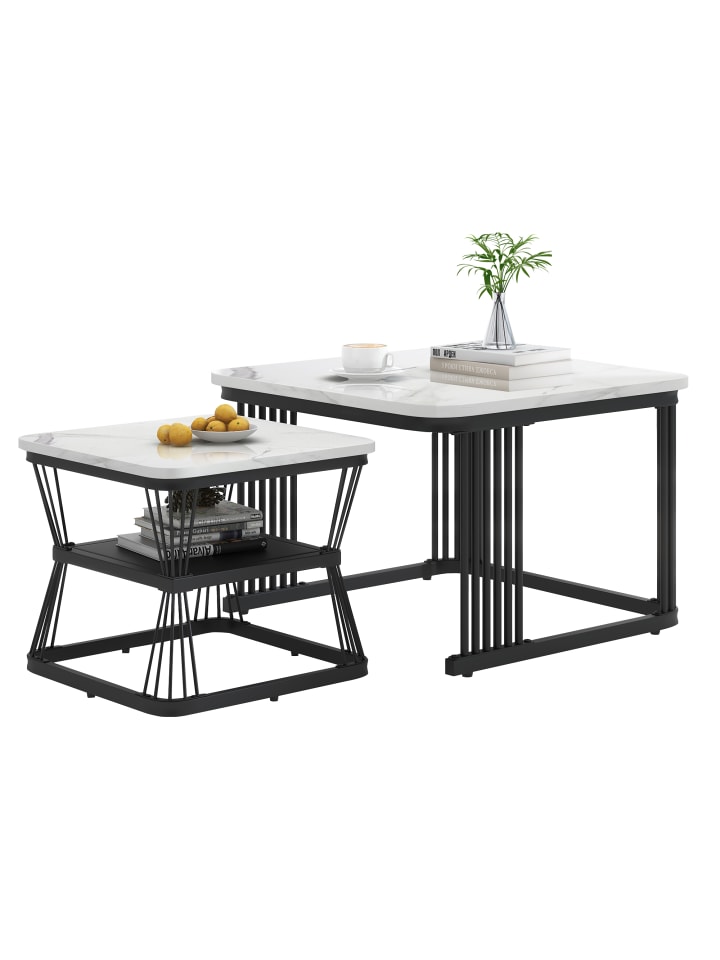 Beistelltisch Set in Weiß Schwarz 2-tlg Marmoroptik 65x45 cm 45x39,5 cm