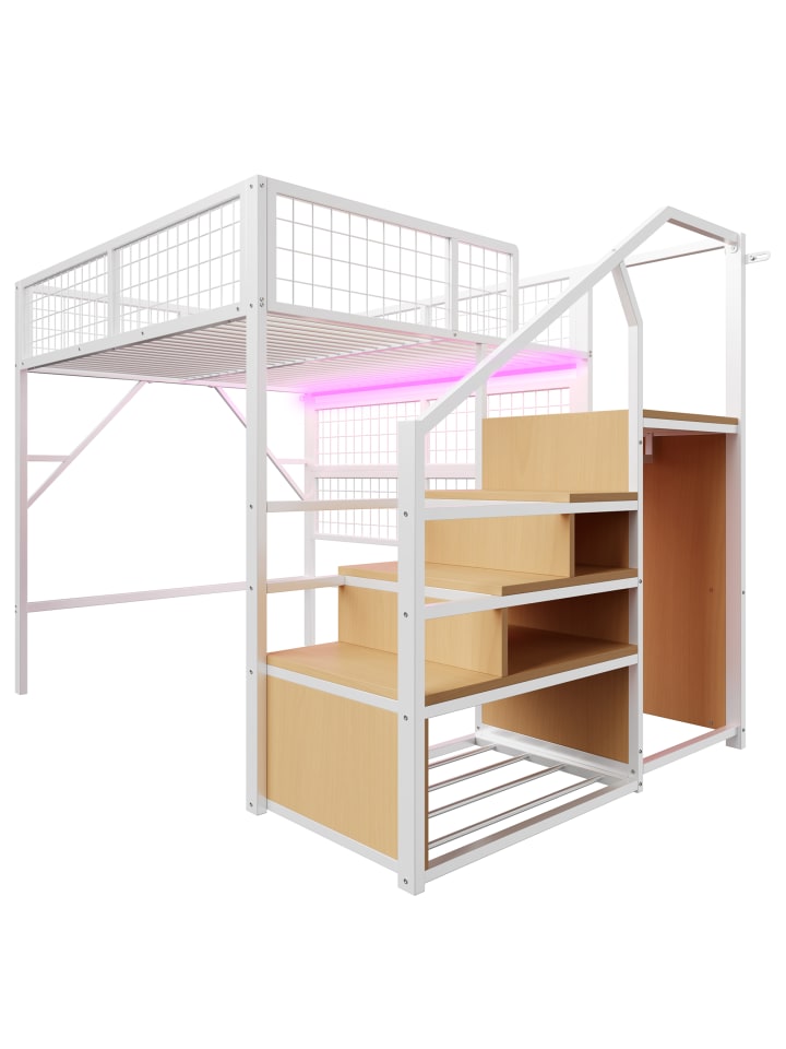 Etagenbett in Weiß mit LED Lichtleisten Treppe und Stauraum 140x200 cm