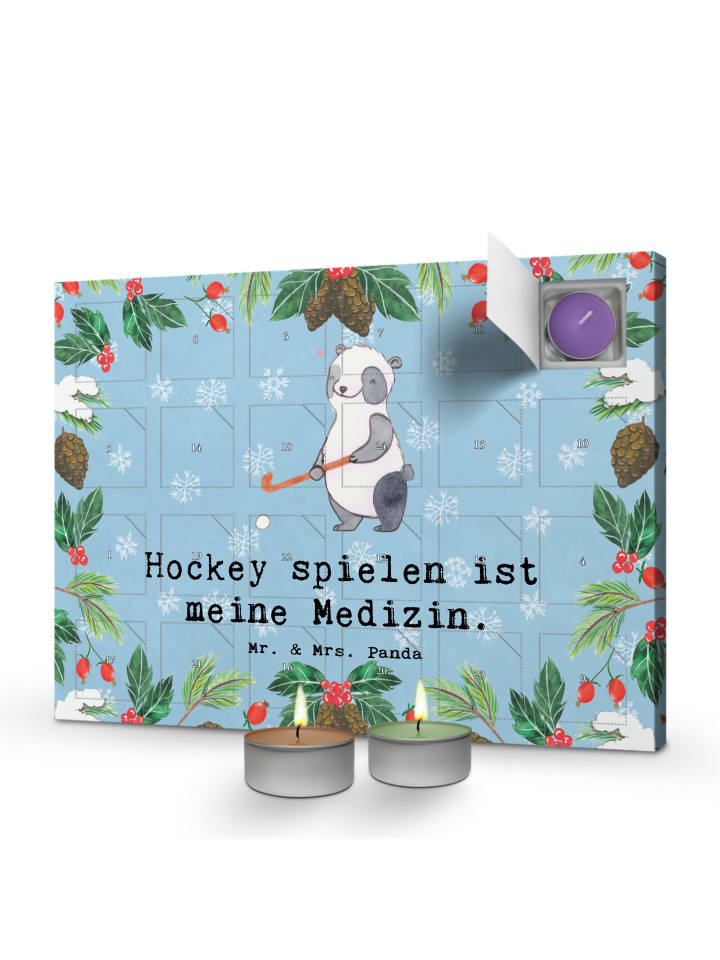 Adventskalender Panda Hockey spielen mit Spruch in Eisblau
