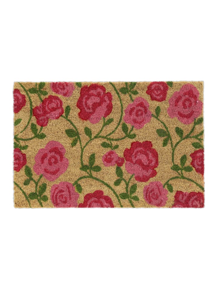Kokos-Fußmatte "Rosen" in Pink/ Natur - (B)60 x (T)40 cm