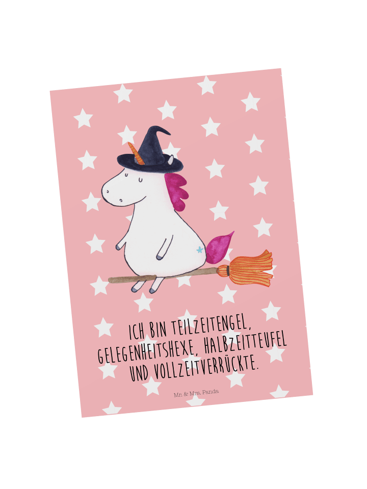 Postkarte Einhorn Hexe mit Spruch in Rot Pastell