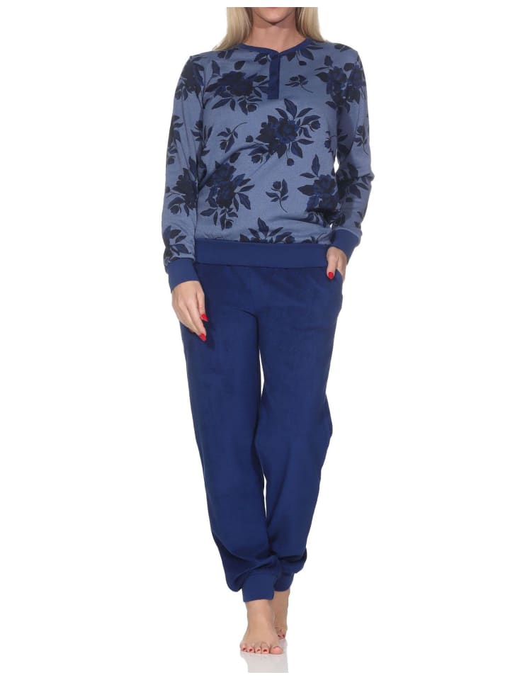Frottee Schlafanzug langarm Bündchen Floral in marine