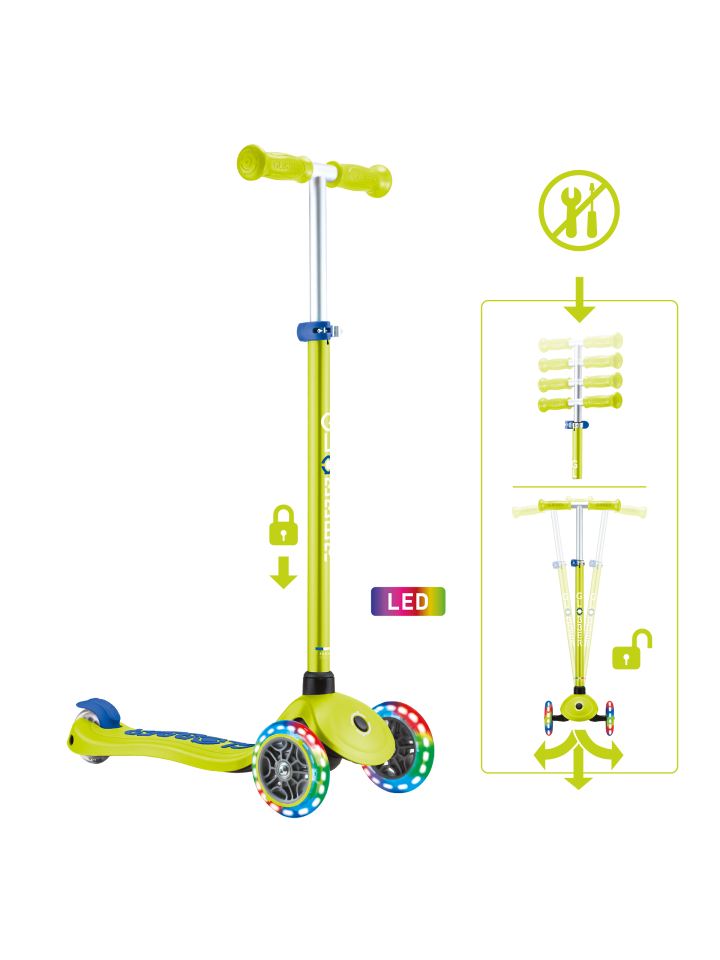 Scooter PRIMO PLUS LIGHTS Roller in lime grün, mit Leuchtrollen