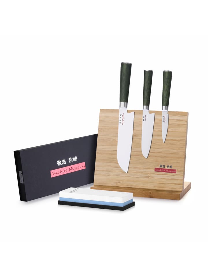 MiyazakiKodawari 3 tlg. Santoku-set mit Magnetmesserhalter & Wasserschleifstein