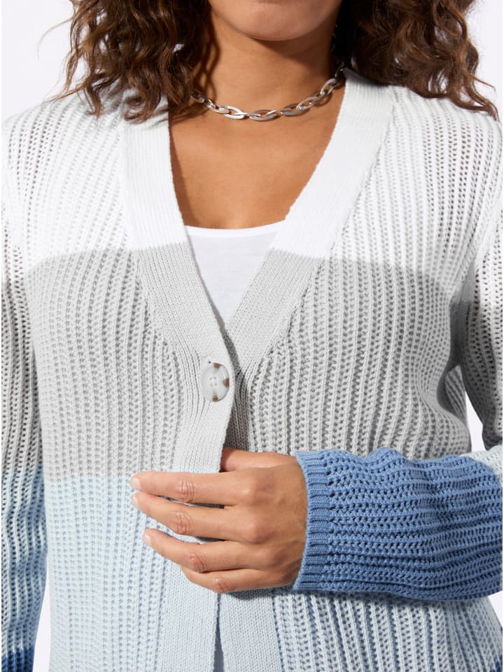 Ajour-Strickjacke in mittelblau-ecru-geringelt