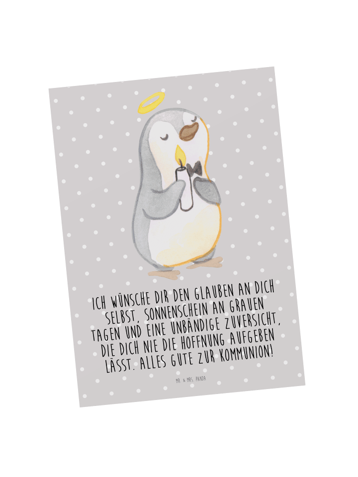 Postkarte Pinguin Kommunion mit Spruch in Grau Pastell