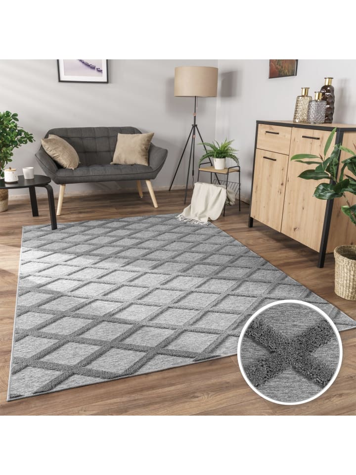 Waschbarer Teppich waschmaschinenwaschbar Rauten Küche, Flur in Grau
