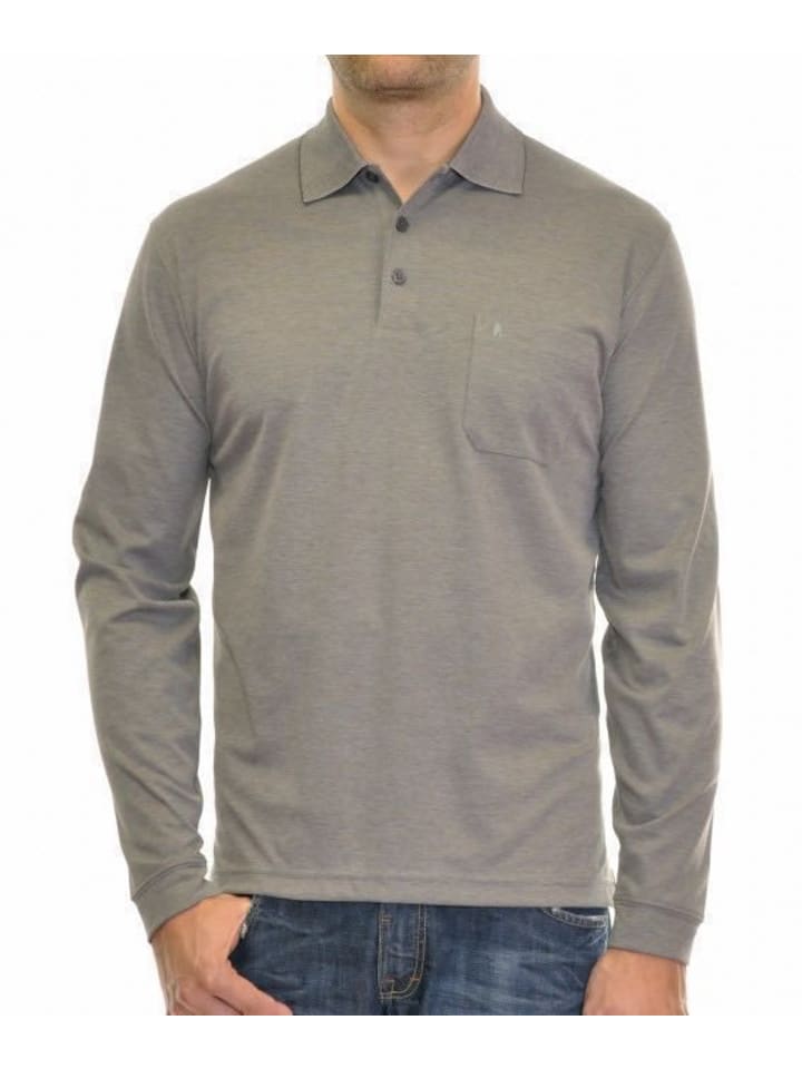 Poloshirt Langarm in Grau / creme