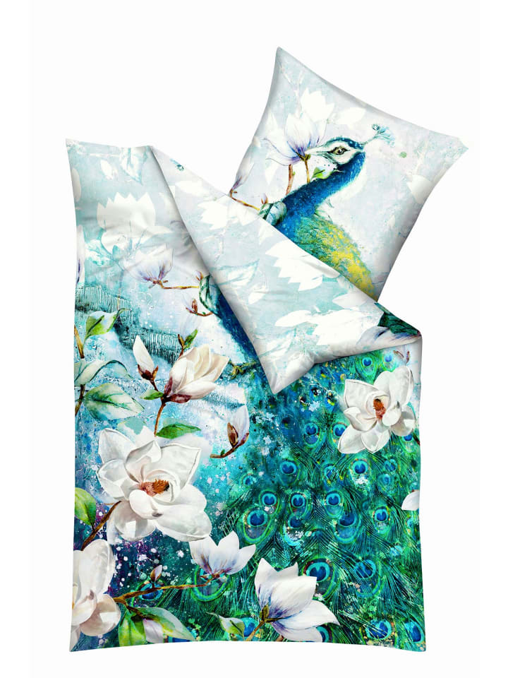 2 tlg. Mako Satin Bettwäsche 135x200cm Pfau in Blau Grün