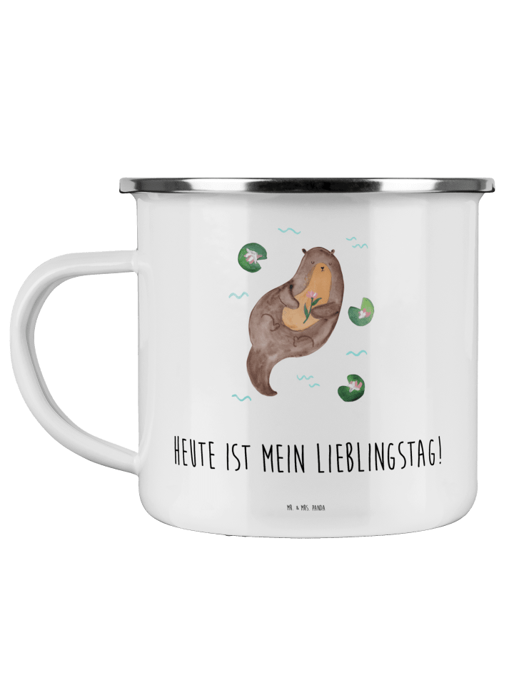 Emaille Tasse Otter Seerose mit Spruch in Weiß