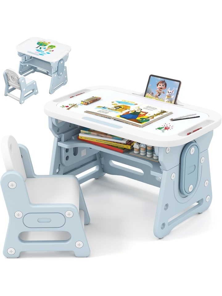 3-in-1 Kinderschreibtisch 2tlg. Set Montessori in Blau