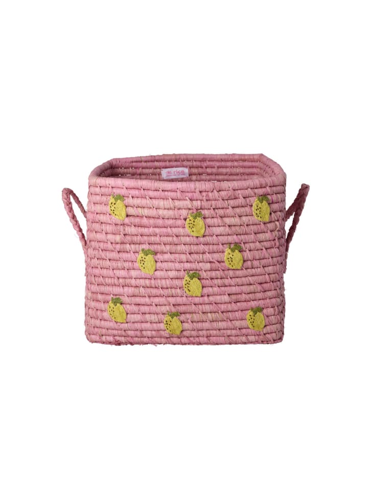 Quadratischer Raffia Korb mit Zitronen-Stickerei in pink
