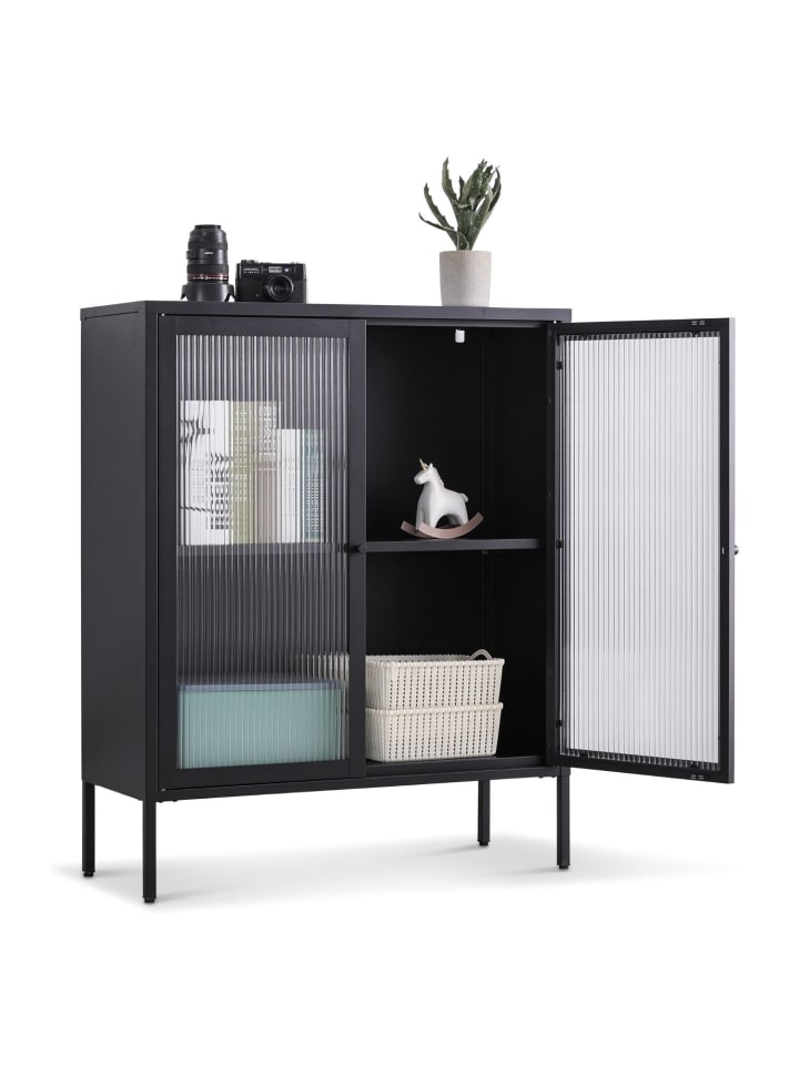 Highboard Tokio aus Metall mit Glastüren in Schwarz