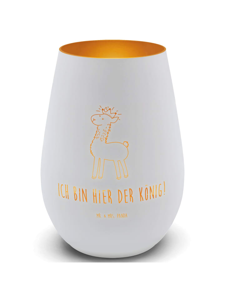 Windlicht Lama König mit Spruch in Weiß