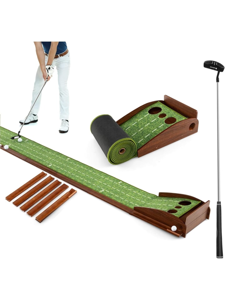 Golfmatte mit Putter & Golfbällen in Grün