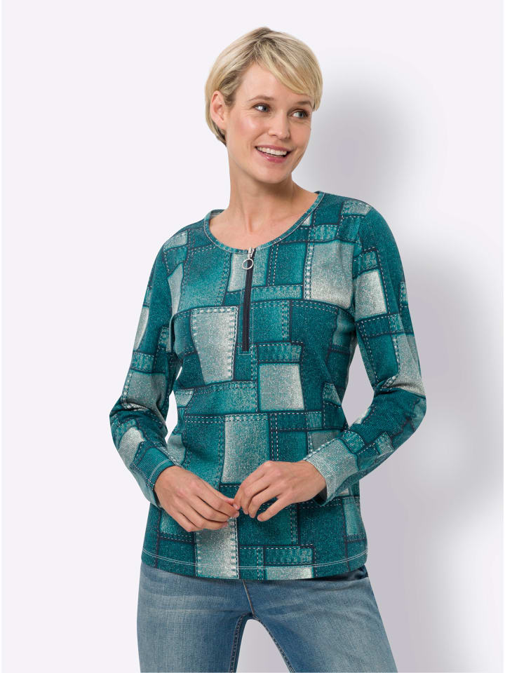 Langarm-Shirt in aquapetrol-salbei-bedruckt