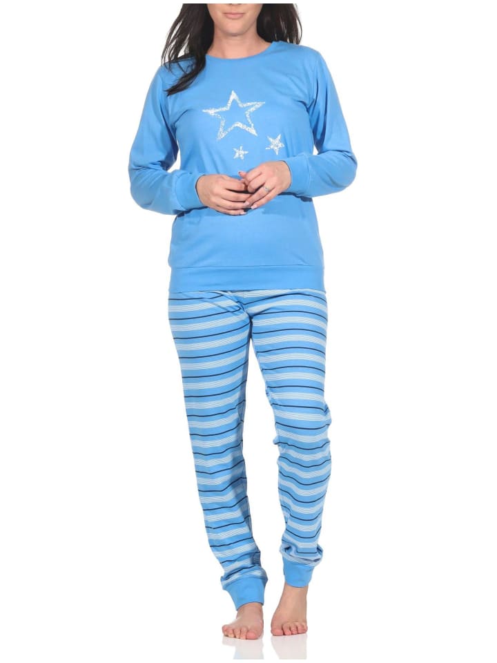 Schlafanzug Pyjama Bündchen langarm Sterne Optik - 88740 in blau