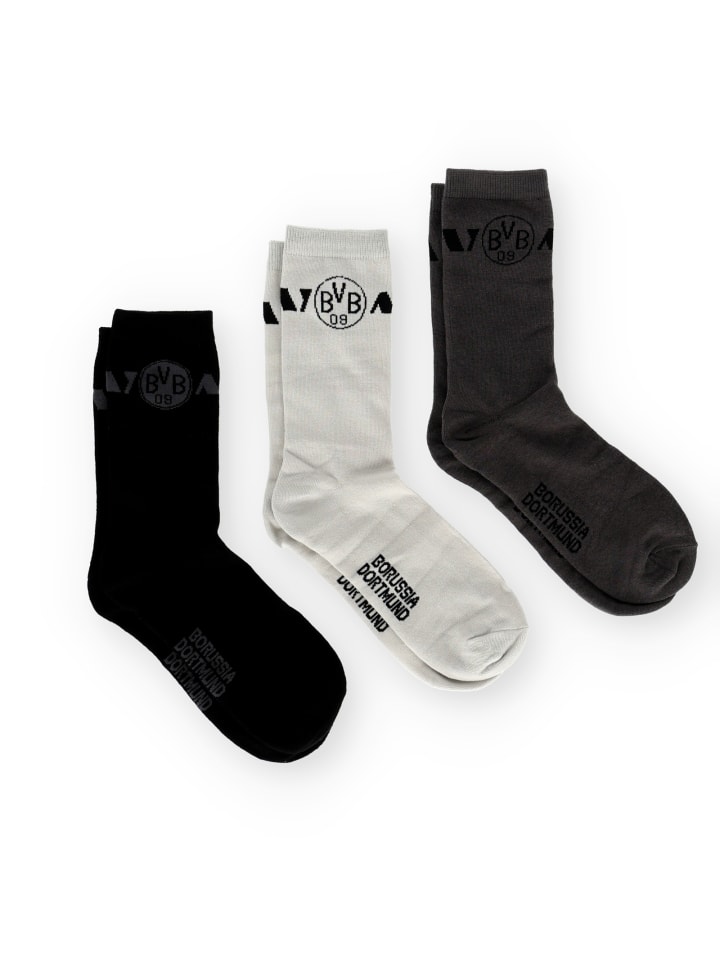 BVB 3er Socken Geschenkset in weiß. grau und schwarz