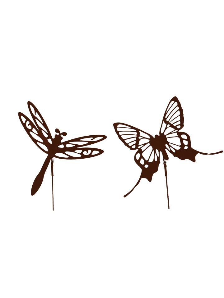 Gartenstecker Schmetterling und Libelle mit Wackelfeder in Rostoptik in Braun