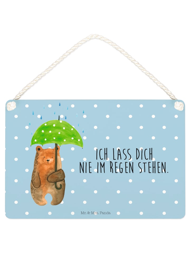 Schild Bär Regenschirm mit Spruch in Blau Pastell