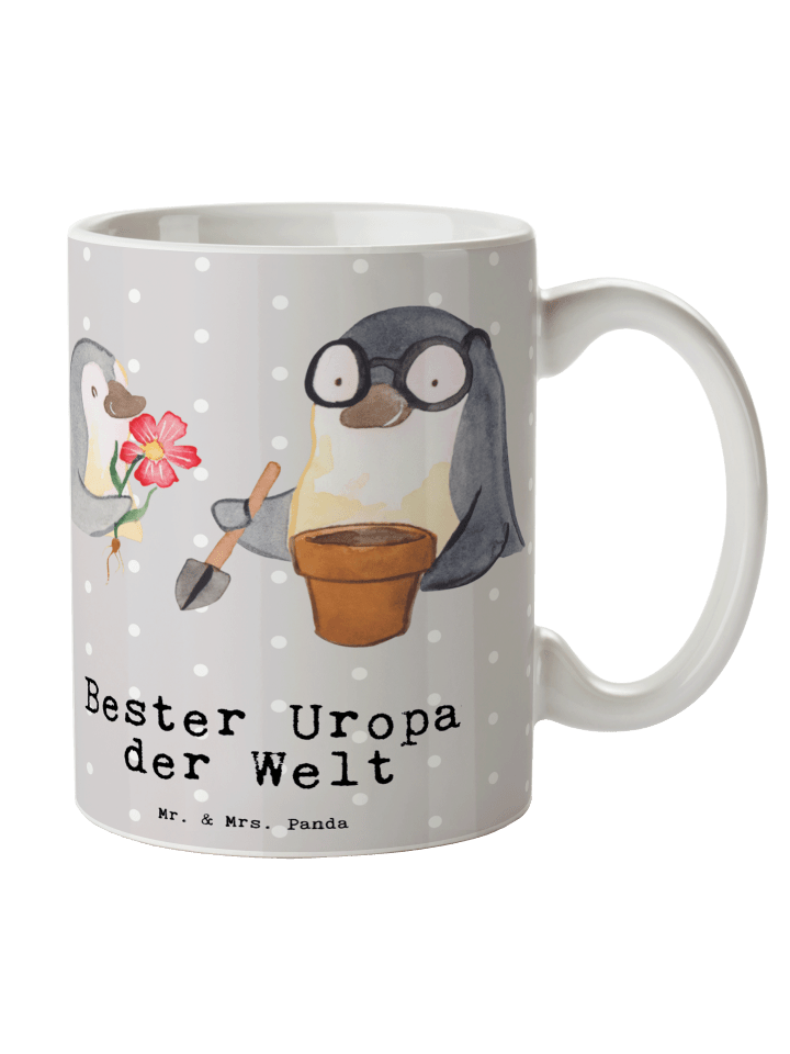 Tasse Pinguin Bester Uropa der Welt mit Spruch in Grau Pastell