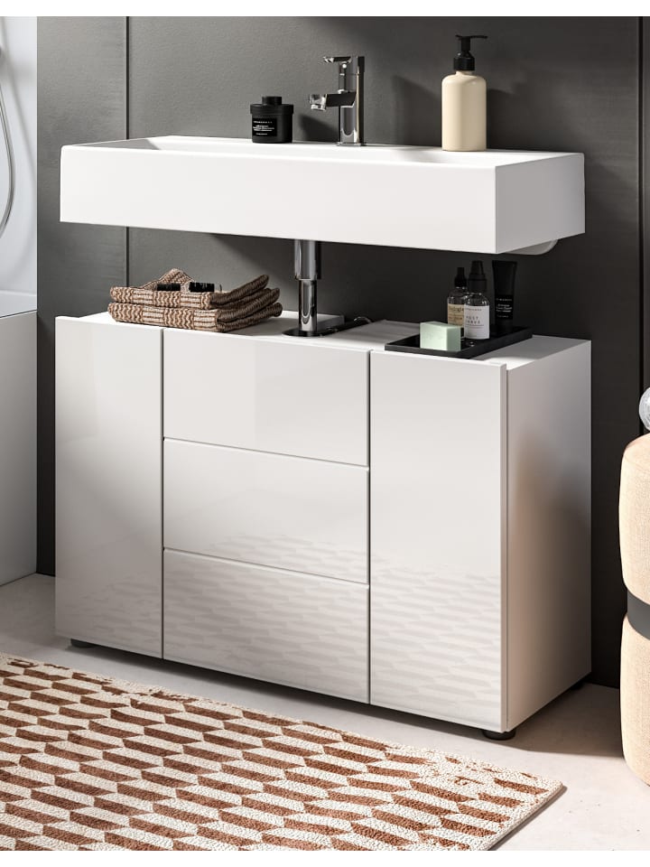 Waschbeckenunterschrank weiß Hochglanz 80 cm, Badezimmer Waschtisch 3-türig