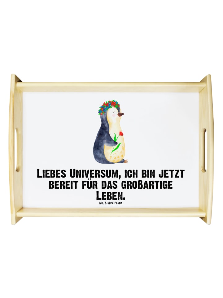 Servierbrett Pinguin Blumen mit Spruch in Weiß