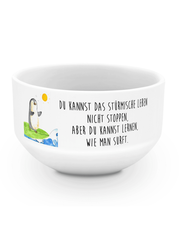 Obstschale Pinguin Surfer mit Spruch in Weiß
