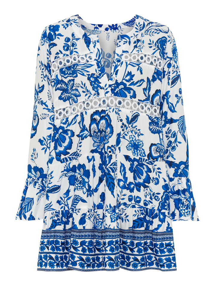 Longbluse in creme-blau bedruckt