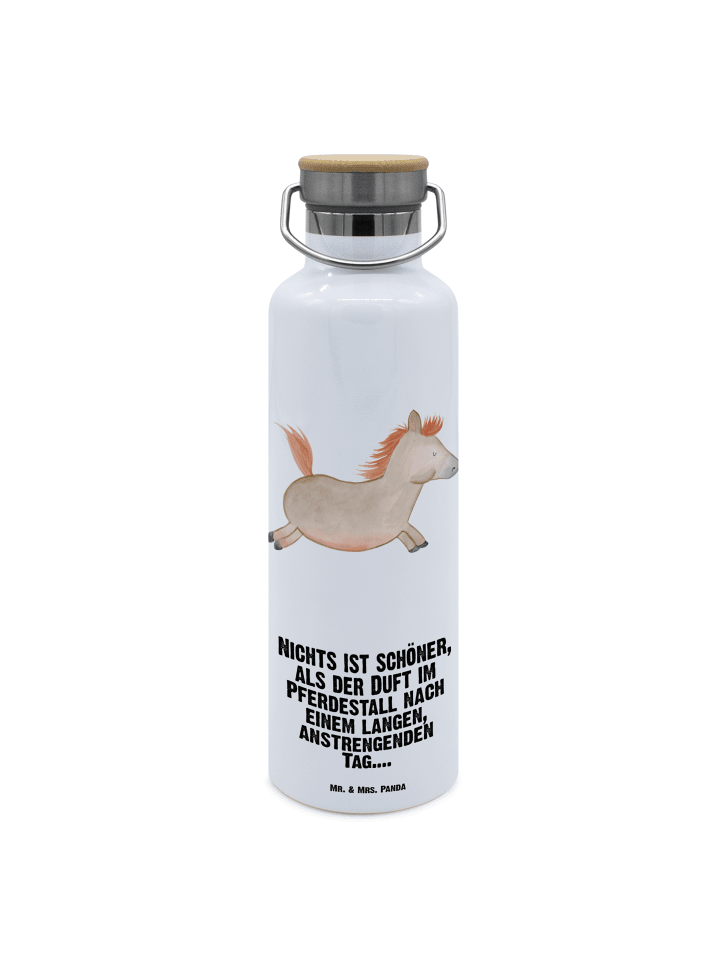 Trinkflasche Pferd Springen mit Spruch in Weiß