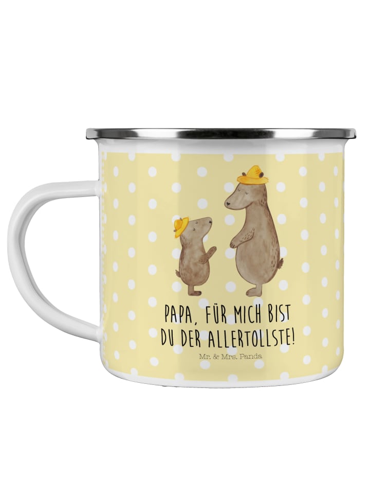 Camping Emaille Tasse Bären mit Hut mit Spruch in Gelb Pastell