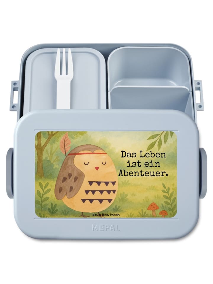 Brotdose Eule Federschmuck Design mit Spruch in Blau Pastell