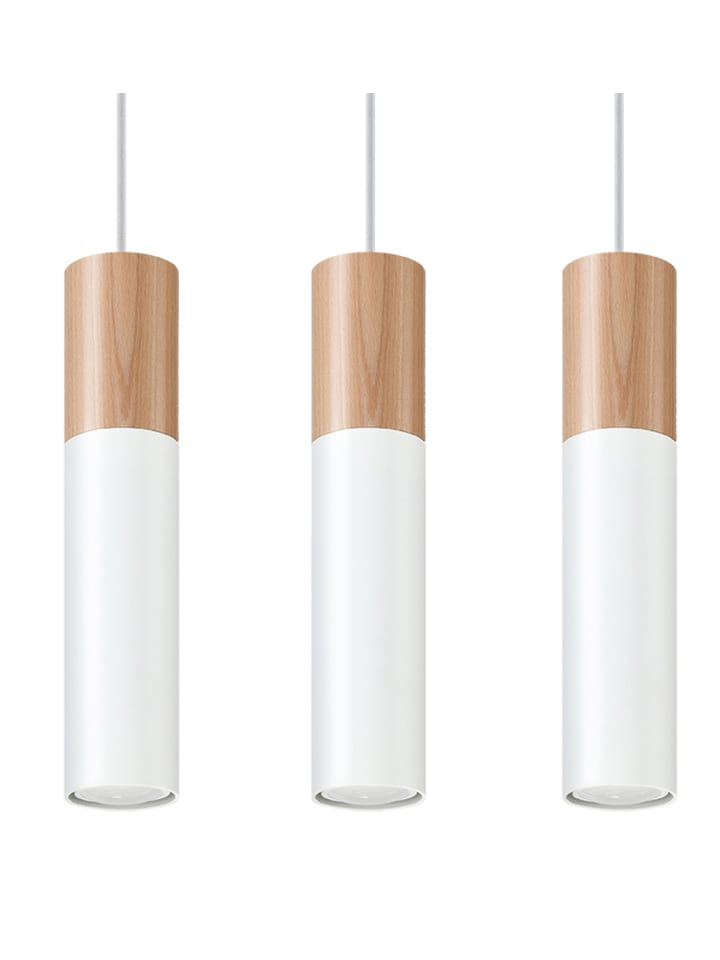 Hängeleuchte PAUL 3 Weiß mit Natural Holz (H)90cm (L)45cm (B)6cm