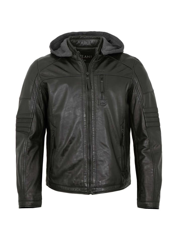 Lederjacke Kapuze Lammnappa in Schwarz
