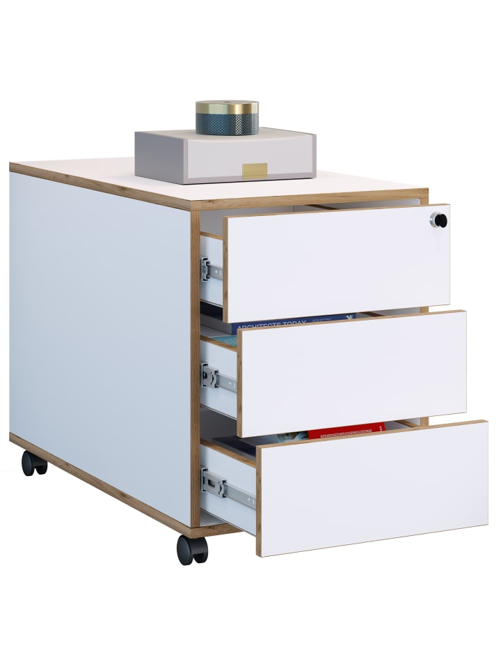 Holz Rollcontainer Bürocontainer Salia 3 Schublade in Weiß