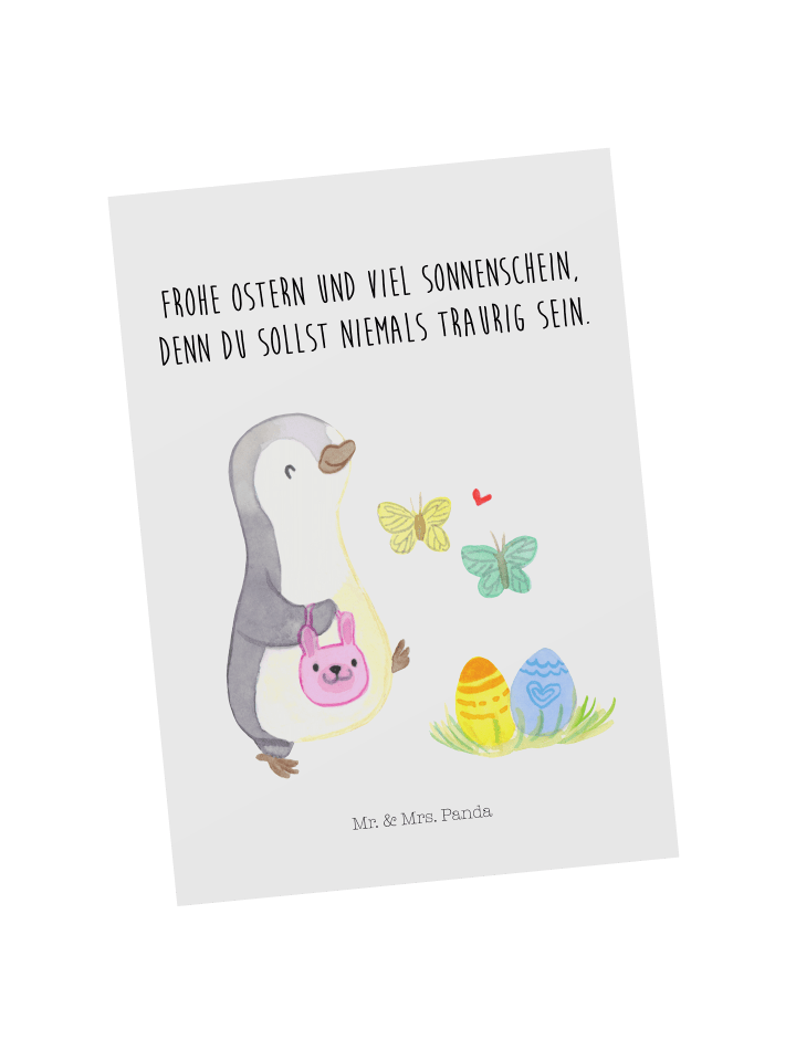 Postkarte Pinguin Eier suchen mit Spruch in Weiß