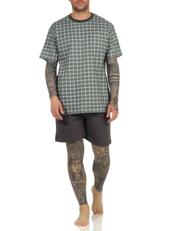 Shorty Pyjama kurzarm Schlafanzug Karo - 61298 in dunkelgrau