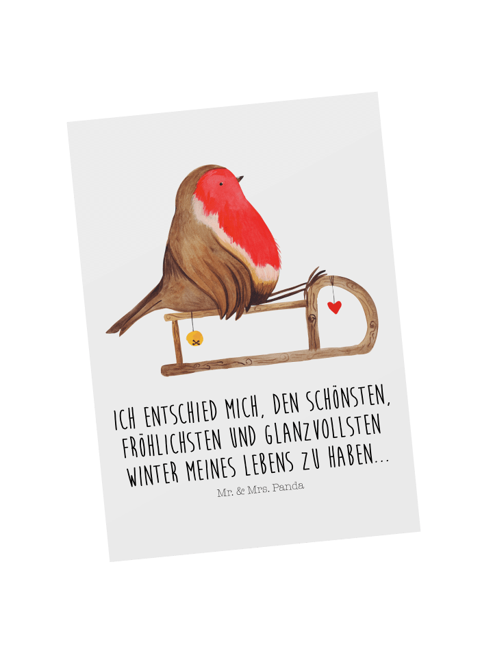 Postkarte Rotkehlchen Schlitten mit Spruch in Weiß