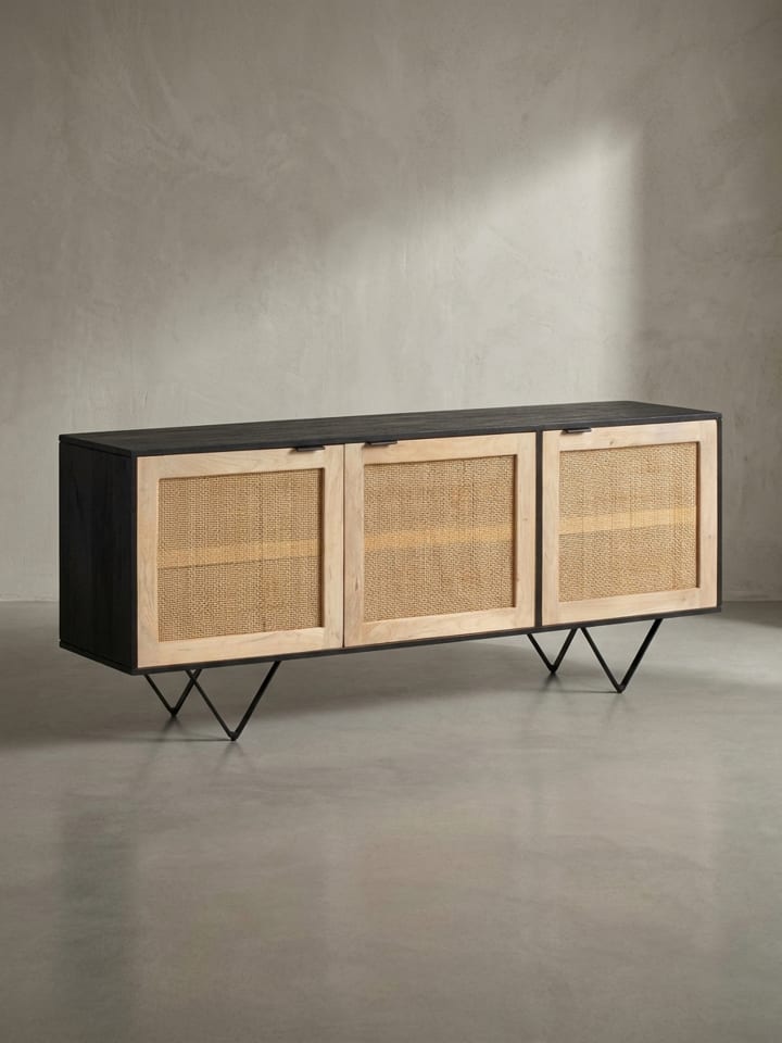 Sideboard 175x75x45cm Mango Massivholz/Rattan Kommode mit 3 Türen