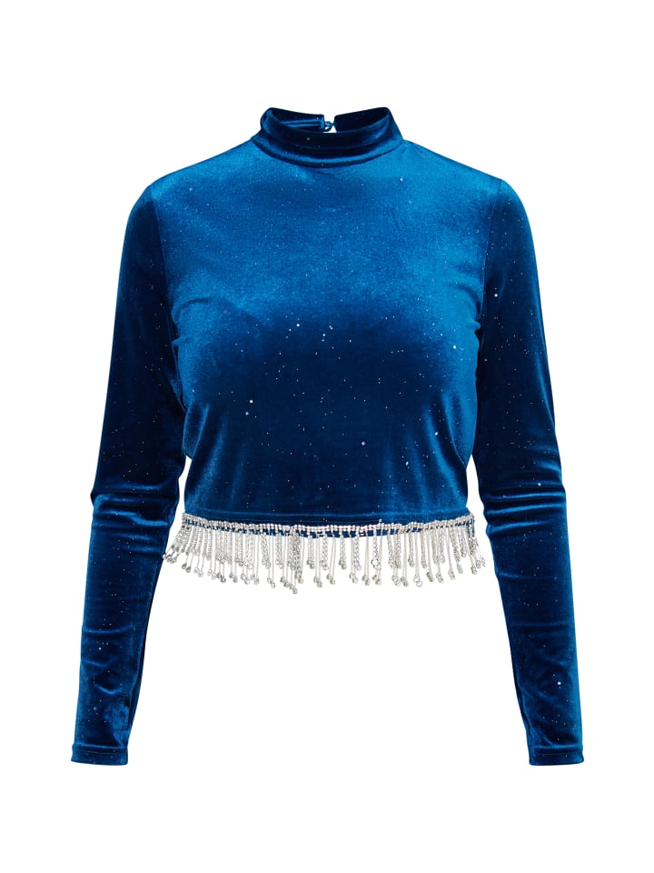 Damen Glitzershirt Aus Stretchsamt in Smaragd Blau