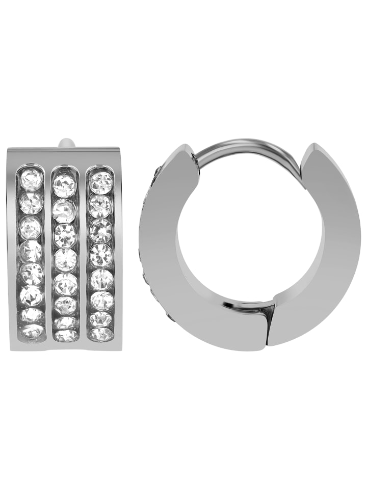 Damen Ohrringe – Klappcreole aus Edelstahl mit Strass Steinchen in silber