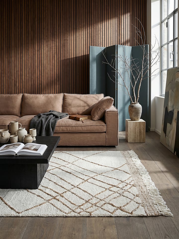 Naturfaser-Teppich Handgewebt VYNE Streifen Muster Wohnzimmer in Beige-Natur