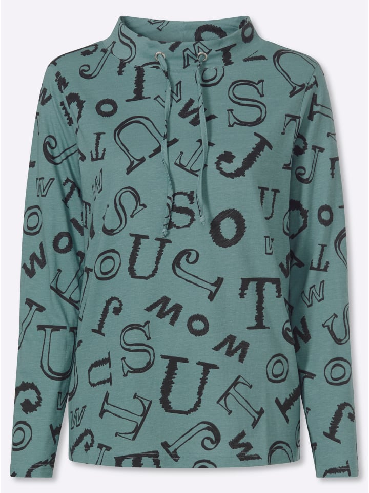 Stehkragen-Shirt in jade-schwarz-bedruckt
