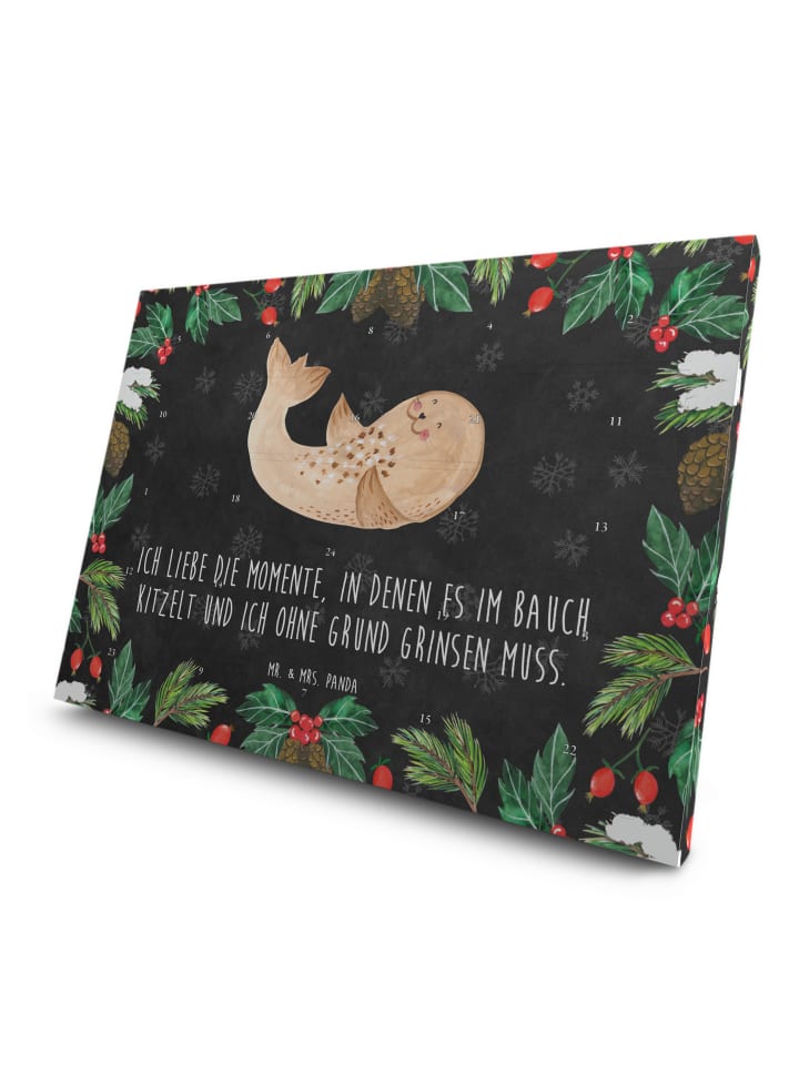 Adventskalender Robbe Liegen mit Spruch in Kreidetafel