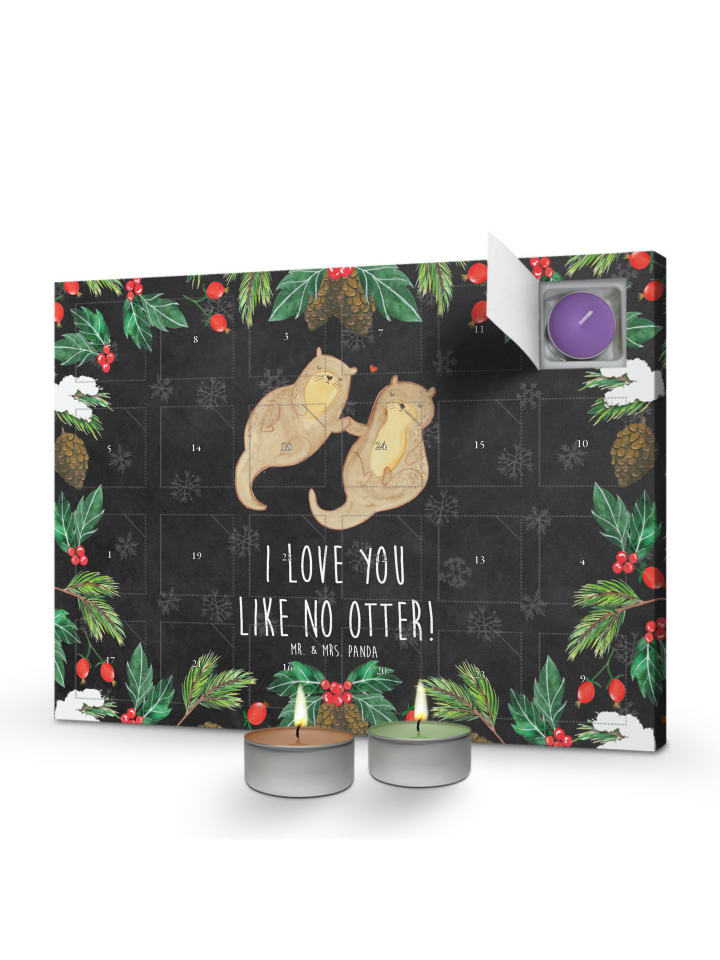 Adventskalender Otter Hände halten mit Spruch in Kreidetafel