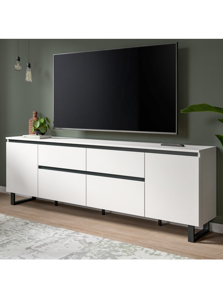 TV-Lowboard weiß, schwarz, TV Unterschrank 188 cm, Soft-Close und Komforthöhe